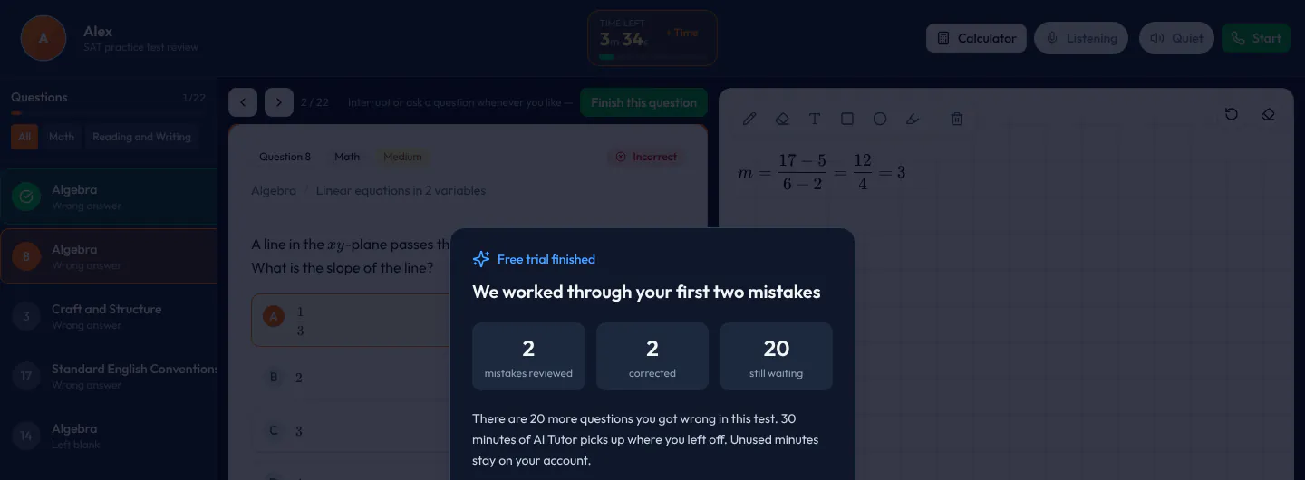 Free-trial-finished panel: how many mistakes were reviewed and corrected, how many are still waiting, and the note that 30 minutes pick up where you left off.